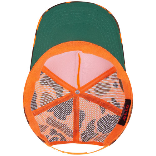 A trucker-style baseball cap shown from the back, featuring a dark green structured crown, a bright orange mesh back, and a pink inner lining.