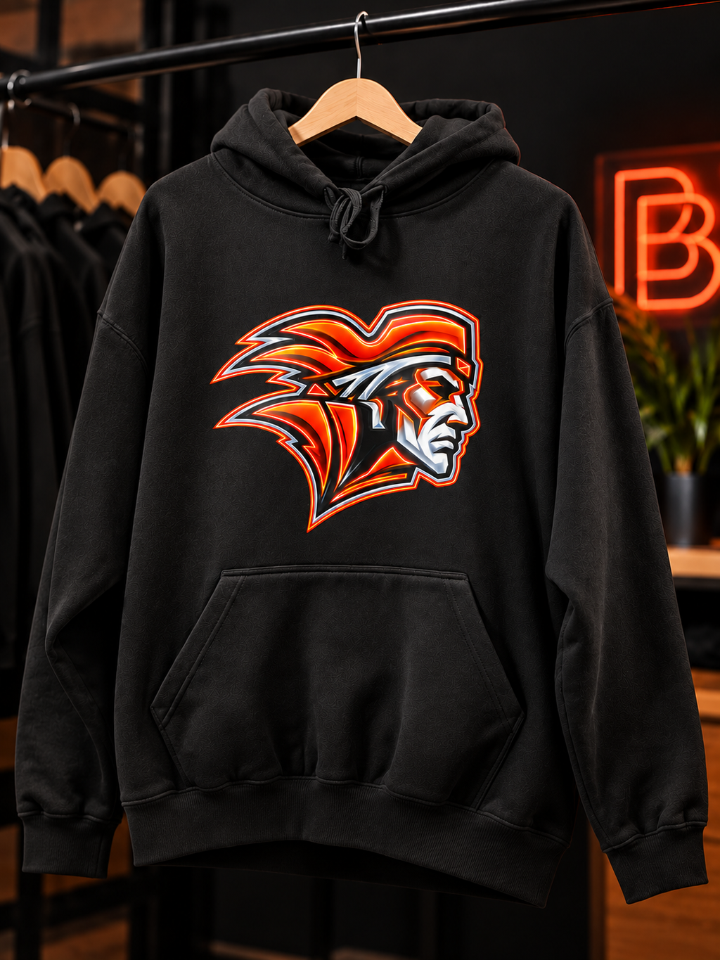 A black pullover hoodie hanging on a wooden hanger, featuring a large graphic of a Native American profile in orange, red, white, and black. The hoodie is displayed on a clothing rack in a dimly lit retail environment with a neon sign in the background.