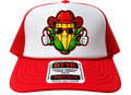 Red and white OTTO Cap trucker hat with a corn cob mascot in a red cowboy hat and shades on the white foam front, red bill and red mesh back
