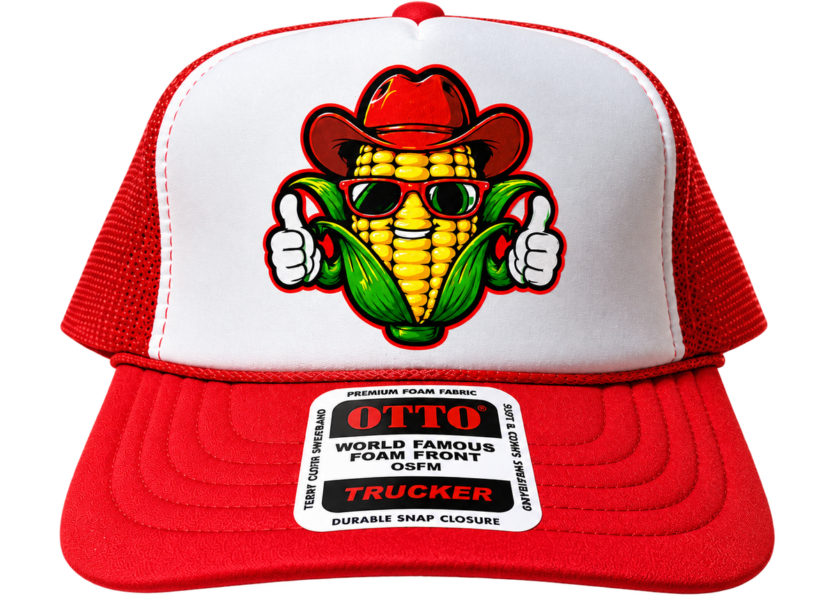 Red and white OTTO Cap trucker hat with a corn cob mascot in a red cowboy hat and shades on the white foam front, red bill and red mesh back