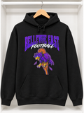 A black pullover hoodie hanging on a wooden hanger against a white wall. The hoodie features a large graphic on the chest with the words 'BELLEVUE EAST FOOTBALL' in purple and white, above a purple and orange football mascot illustration.