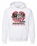 A white pullover hoodie with a front graphic featuring three dogs inside a red heart outline and the text 'The Good Life Rescue' with smaller text below, shown on a plain white background.