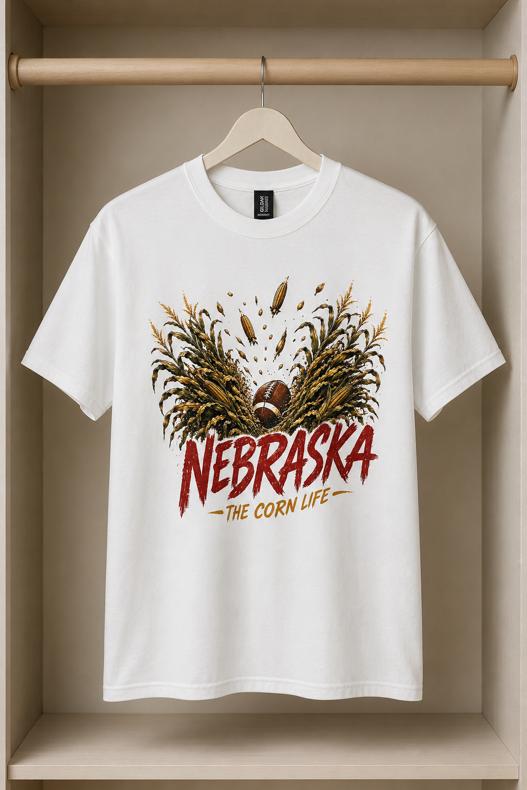 Nebraska The Corn Life football t-shirt, white in closet 