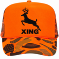 Bright orange trucker cap with a black deer silhouette and the word 'XING' on the front, plus a bright orange camouflage brim.