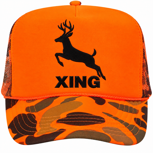 Bright orange trucker cap with a black deer silhouette and the word 'XING' on the front, plus a bright orange camouflage brim.