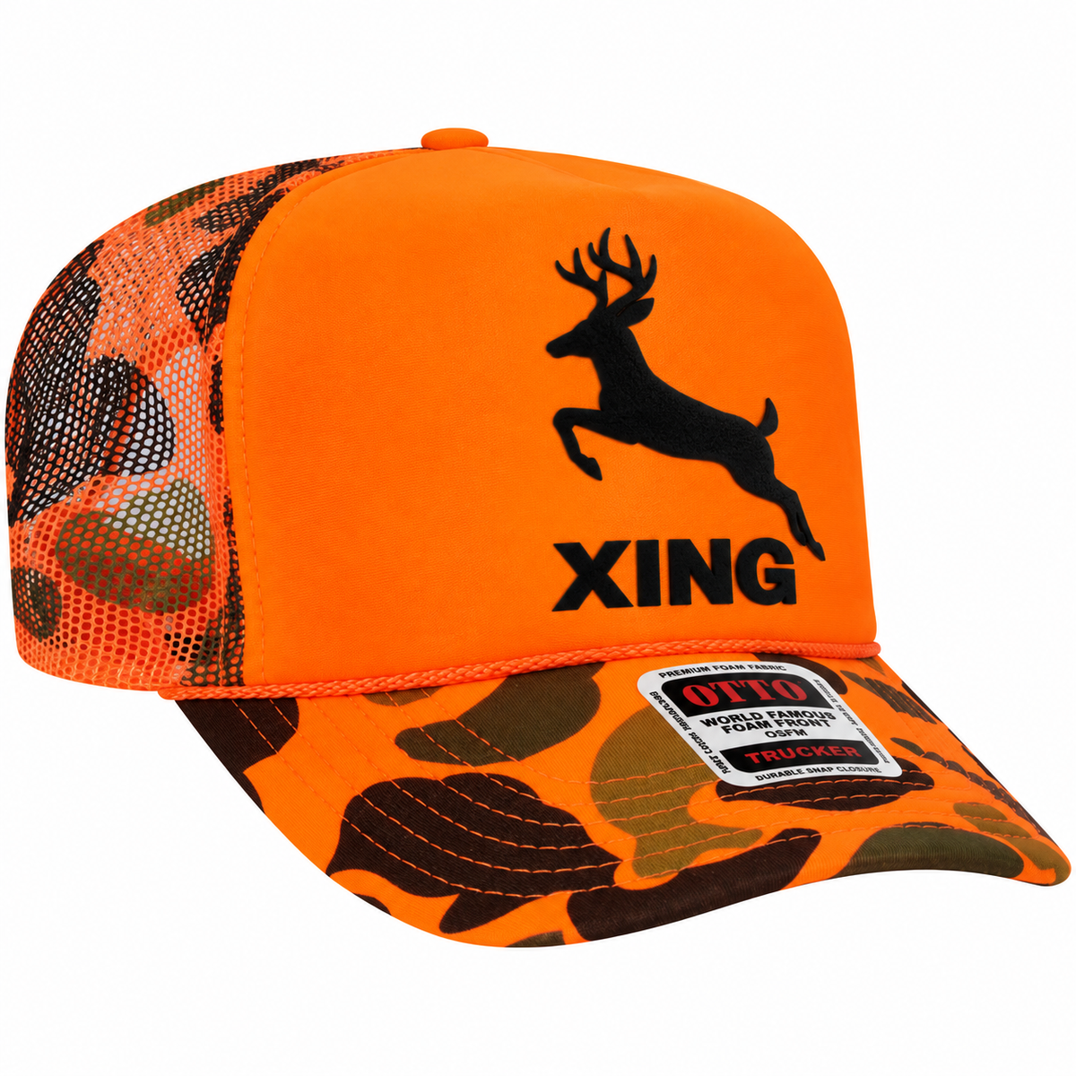 Bright orange trucker hat with a black deer logo and the word XING on the front, plus orange-and-brown camouflage mesh sides and brim. A retail sticker is visible on the brim.