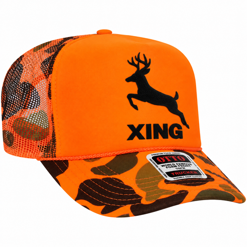 Bright orange trucker hat with a black deer logo and the word XING on the front, plus orange-and-brown camouflage mesh sides and brim. A retail sticker is visible on the brim.
