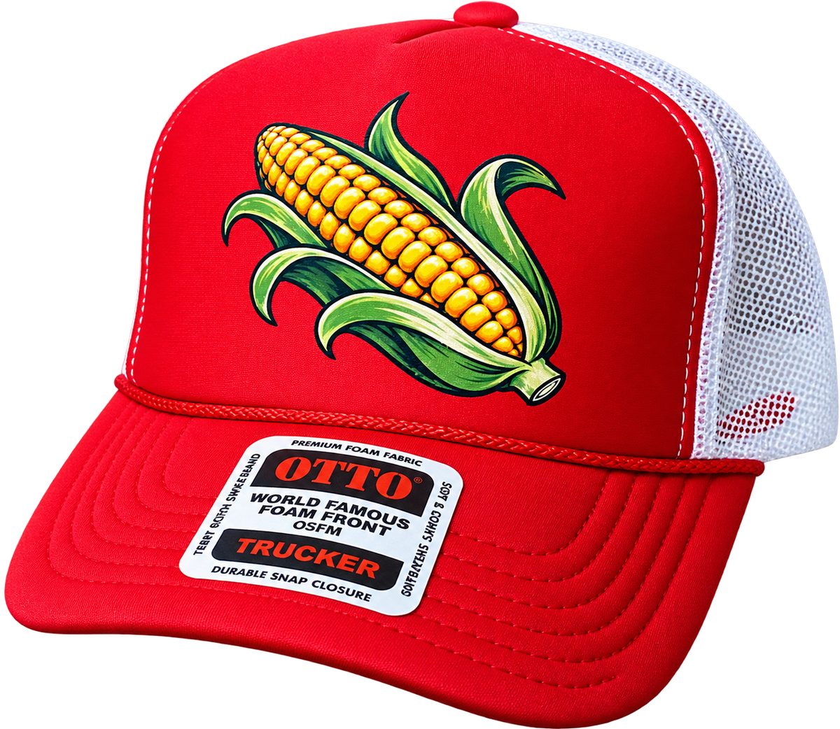 A red and white trucker hat featuring a large graphic of a yellow corn cob with green leaves on the front panel. The brim has a white sticker that reads 'OTTO WORLD FAMOUS FOAM FRONT OSM TRUCKER'.