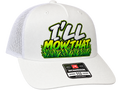 A white Richardson 112 trucker hat with a white mesh back, featuring a graphic on the front that reads 'I'LL MOW THAT' in white and green lettering over a green grass design. A black Richardson brand sticker is visible on the brim.